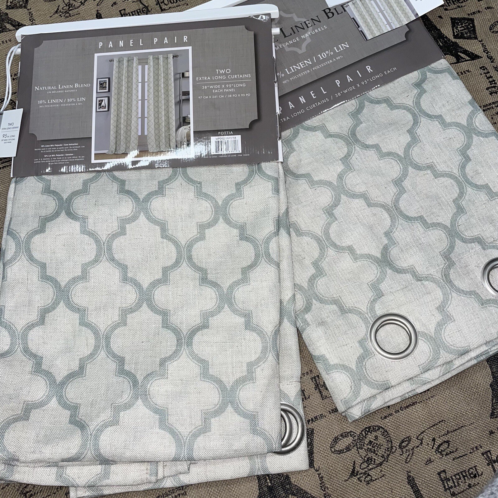 Natural Linen Blend NWT! Panel Pair Moroccan Print Long Curtains 2 Set