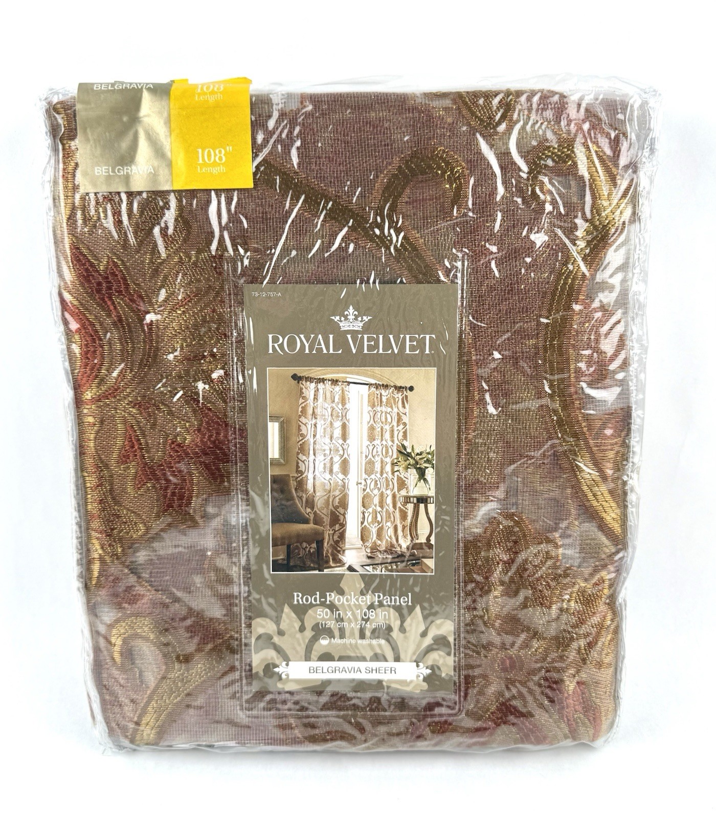 Royal Velvet Belgravia Sheer Rod Pocket Panel Claret Motif 50” X 108” Single NIP