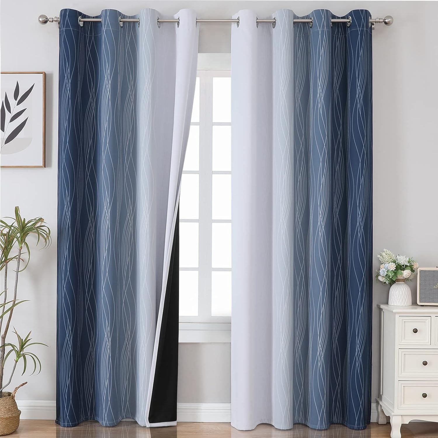 Navy Blue and Greyish White Blackout Curtains for Bedroom 84 Inches Long, Ful…