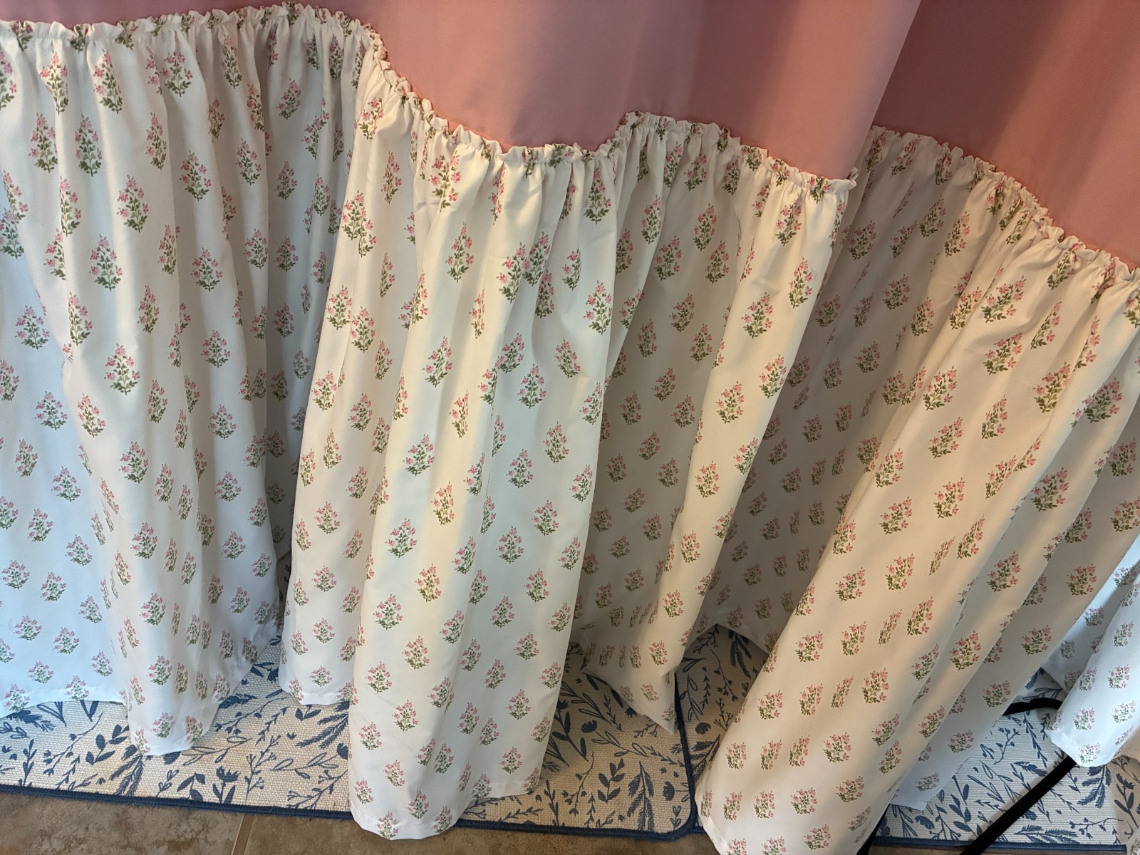 4 handmade curtain panels green pink floral layered 43 W x 83 L