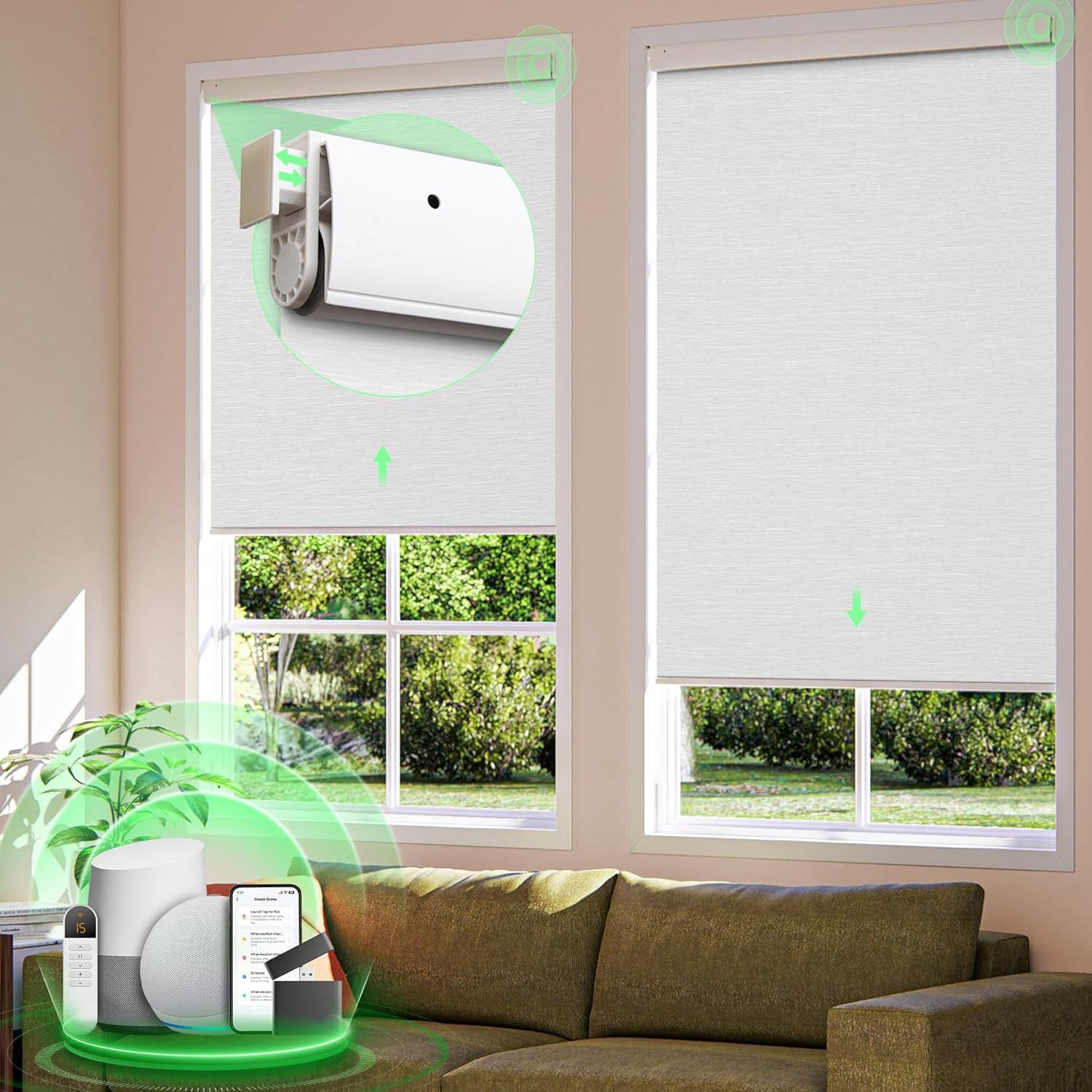 Smart Motorized Blackout Blinds, Remote Control, 35″x72″, No Drill, White