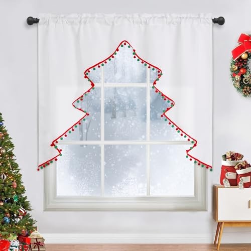 Christmas Tree Valance with Red and Green Pompom 52″W x 36″L (Pack of 1) White