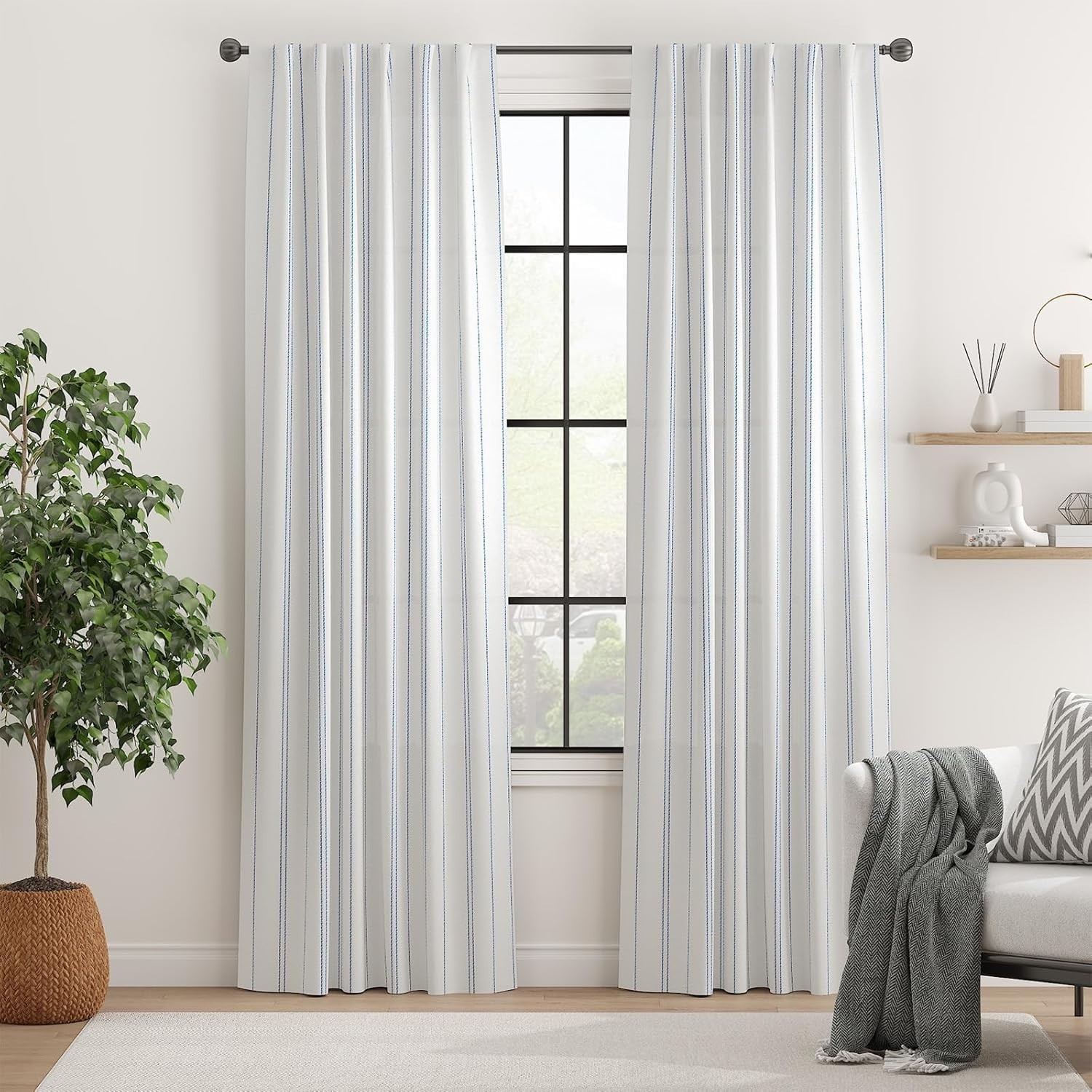 White & Blue Striped Curtains, 84″ Length – Stylish Window Treatment Pack of 2