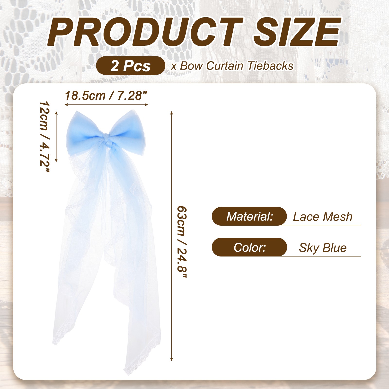 2 Pack French Bow Curtain Tiebacks Lace Bow Curtain Tiebacks for Home Sky Blue