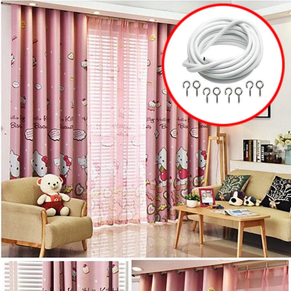3m White Expanding Curtain Wire w/ 4 Hooks & 4 Eyes For Light Weight Curtains