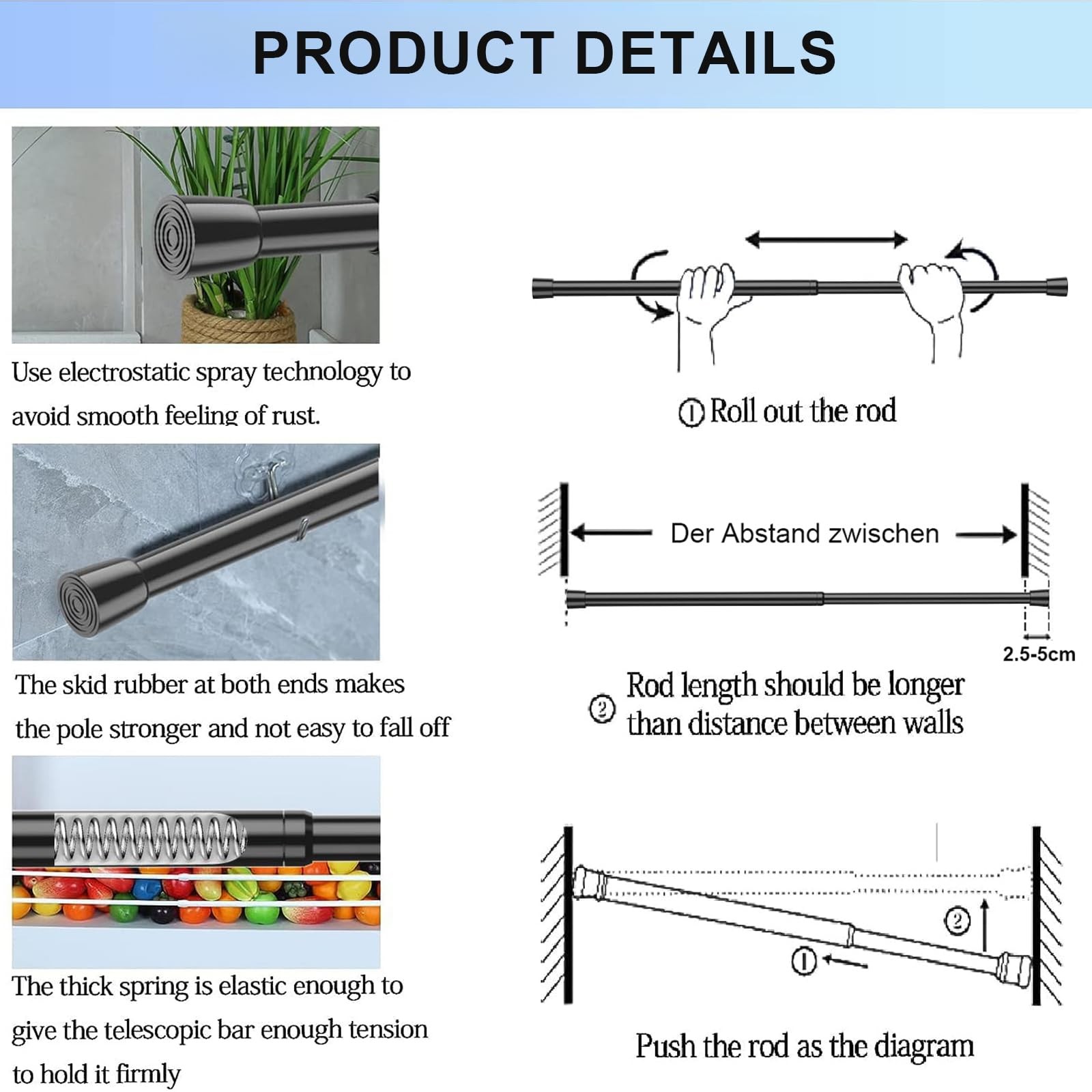 2 Pack Tension Rods Spring Tension Curtain Rod, 26 to 39 Inch Adjustable Blac…