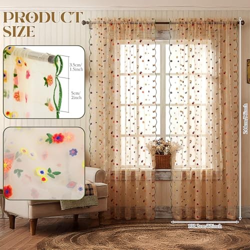 Gilprop Floral Sheer Curtains for Window Champagne Embroidery 52 x 96 Inches