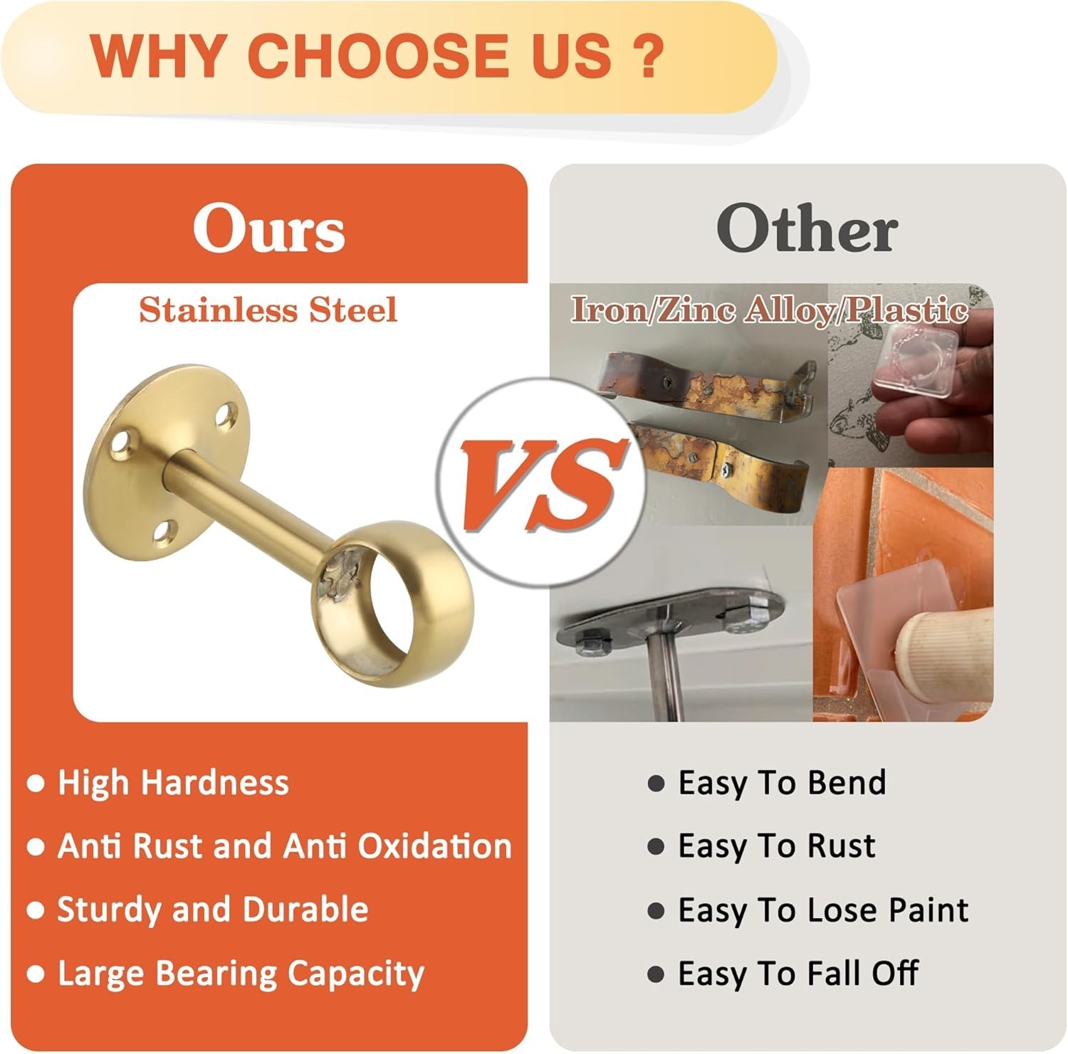 Stainless Steel Curtain Rod Holders with 3.35in Height and Gold Finish
