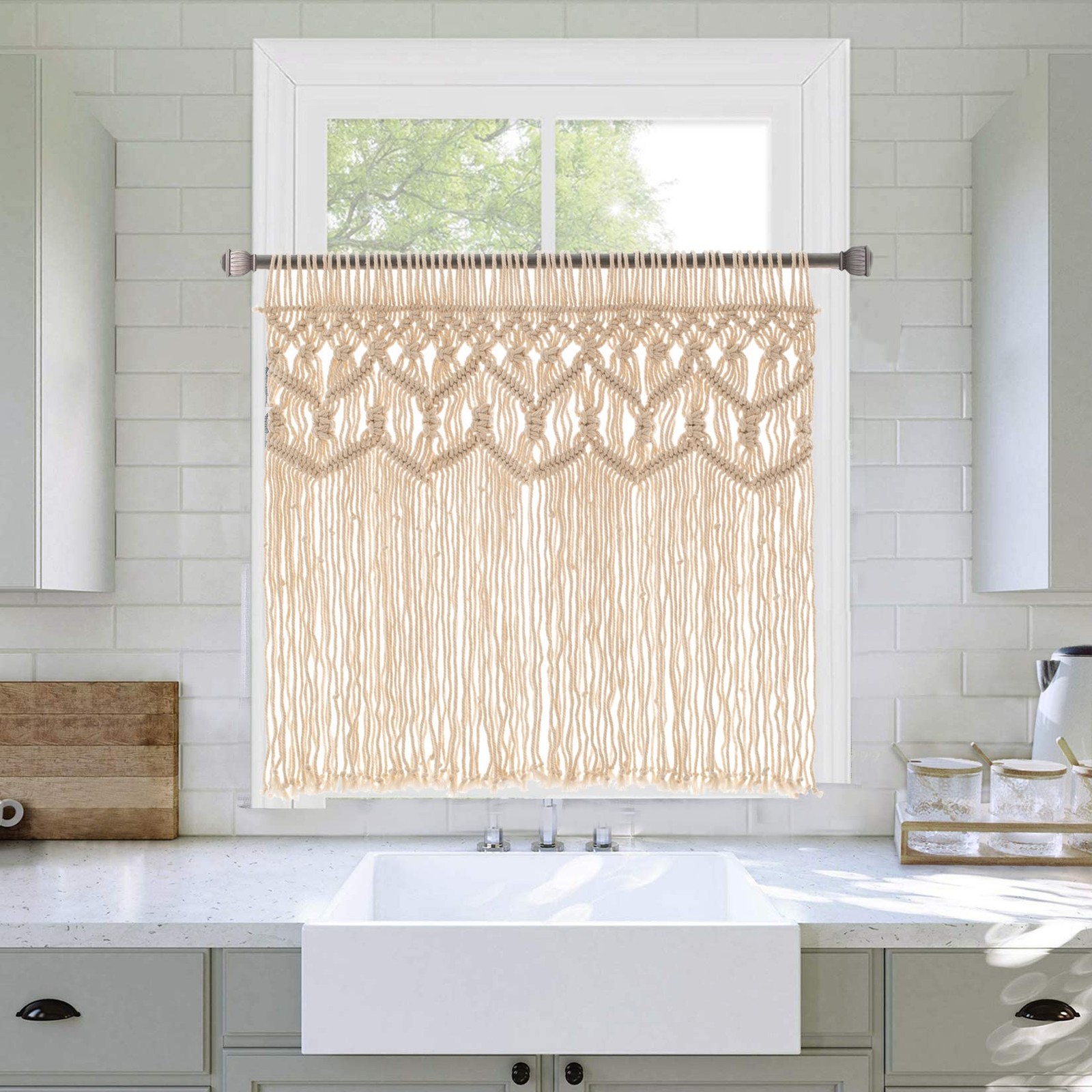 Boho Macrame Textured Cotton Valance – Kitchen Window Curtains & Wall Decor -…