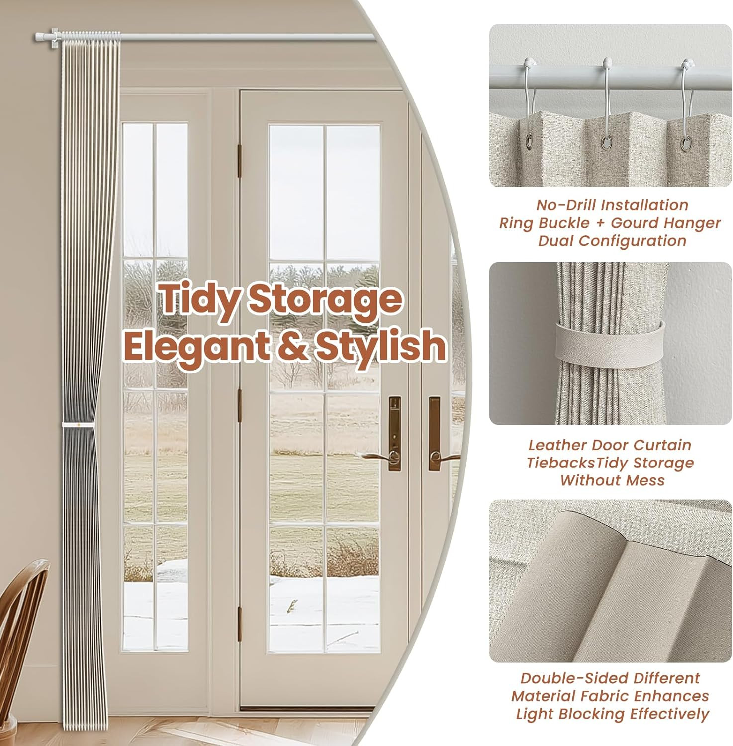 Cream White 100% Blackout Accordion Door Curtain 98″x84″ – No-Drill Divider