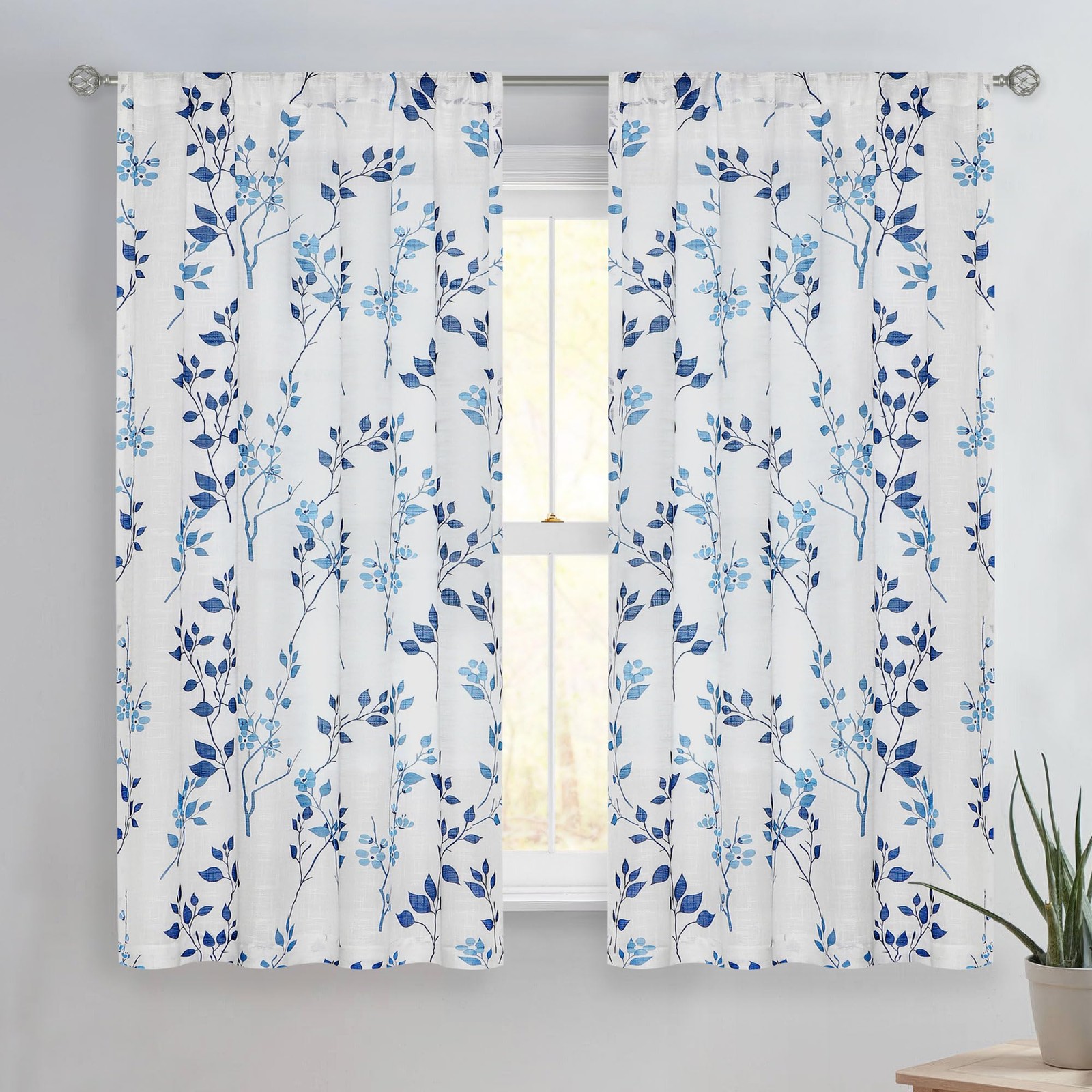 Beauoop Floral Leaf Semi Sheer Curtains 54″ L, 2 Panels for Living Room