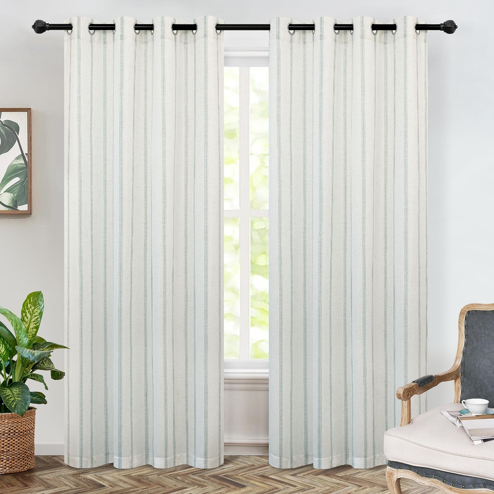 2 Panels Farmhouse Vertical Striped Linen Blackout Curtain Thermal Grommet Drape