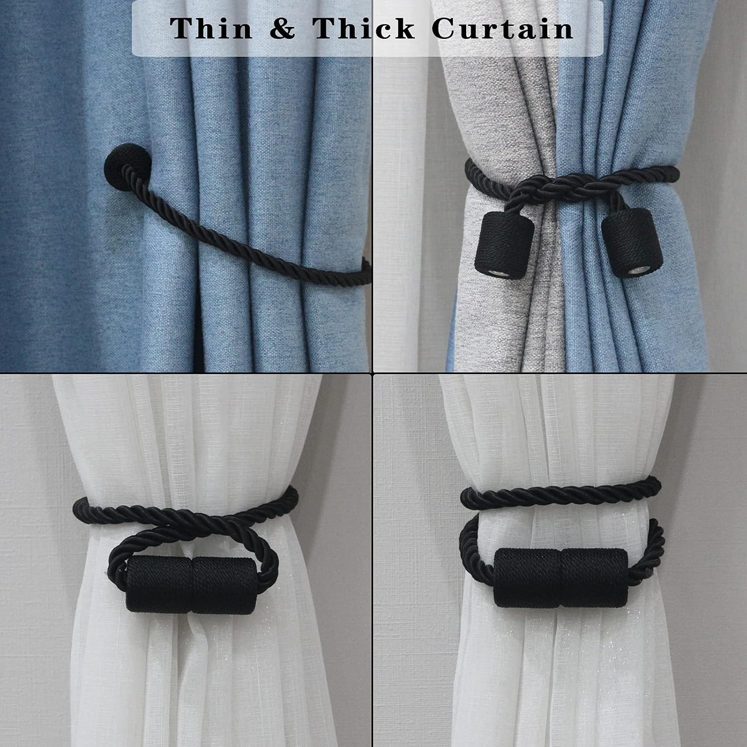 4 Pack Elegant Magnetic Curtain Tiebacks – Hand-Woven Black Rope Holdbacks