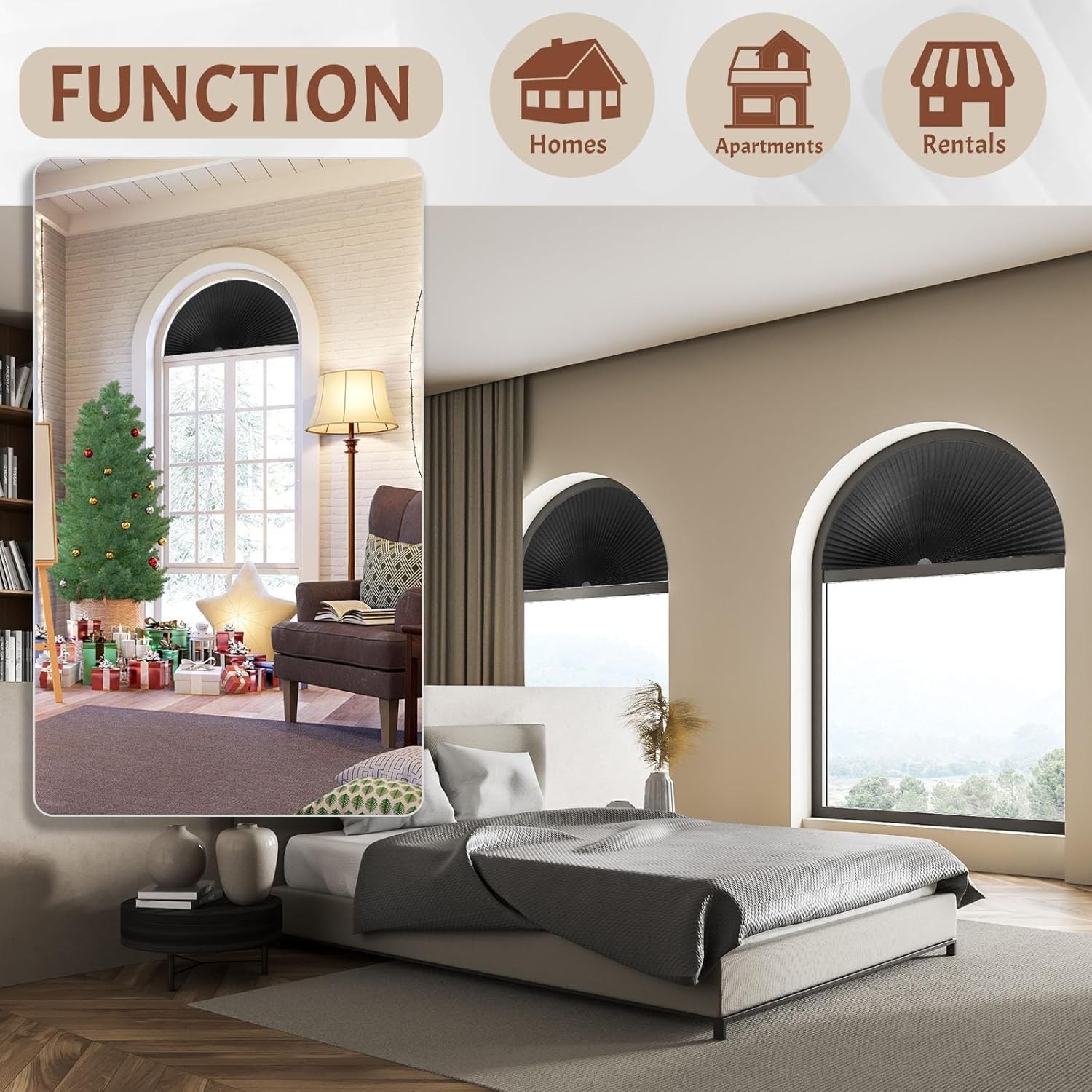 Half Moon Window Shade Circle Arch Blackout, One Size, Black