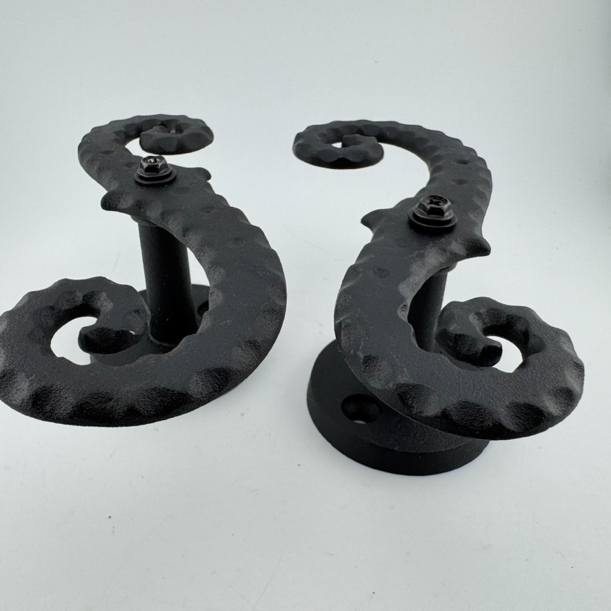 1 Pair – Black Galvanized Iron Scroll Post Mount Shutter Dogs w/ Hammered Edge