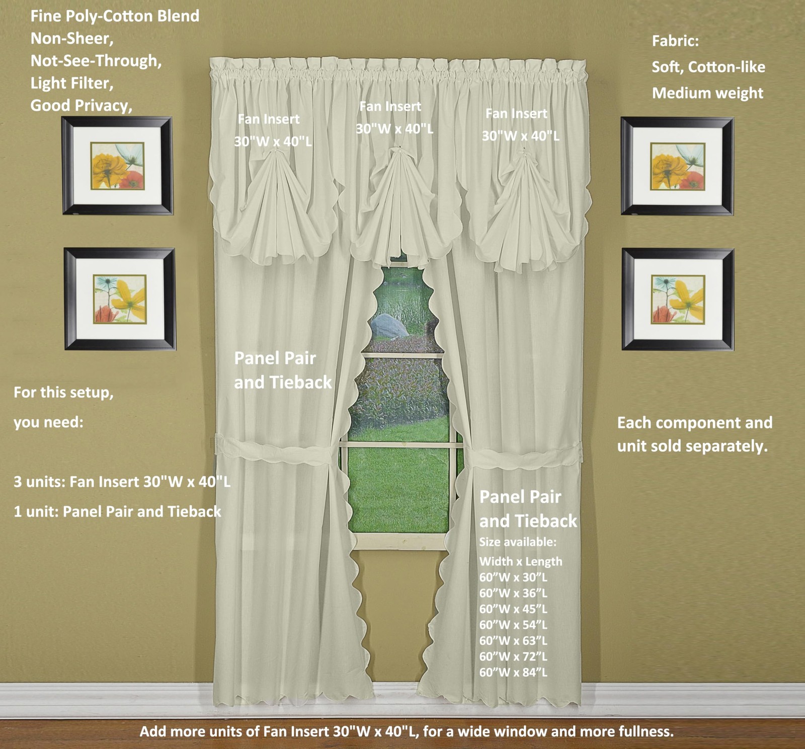 Today’s Curtain, Orleans Scallop Curtain, Ecru 63″ Panel Pair and Tieback,4Pi…