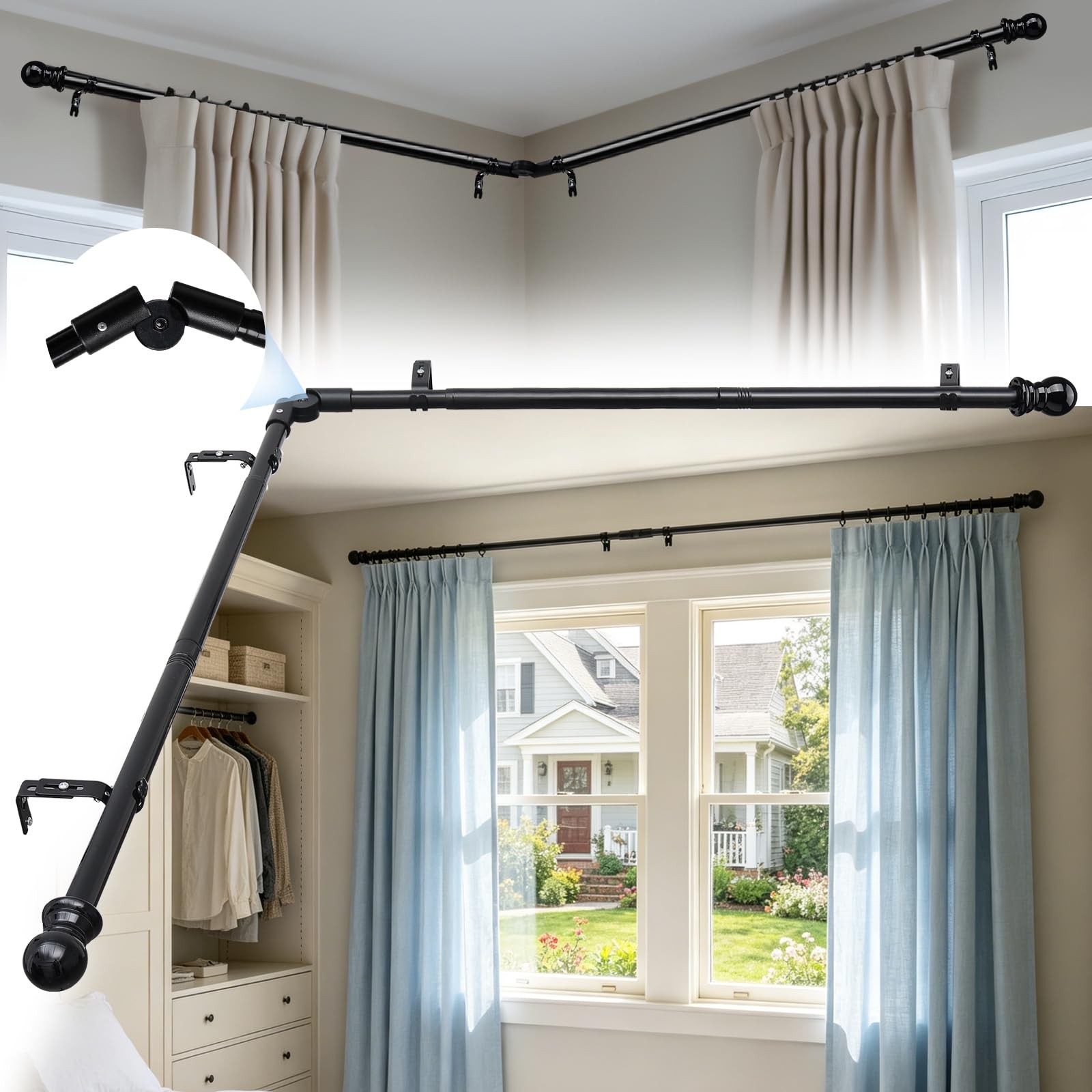 32-134 Inch Black Corner Curtain Rod L Shaped Heavy Duty Metal Window Rod