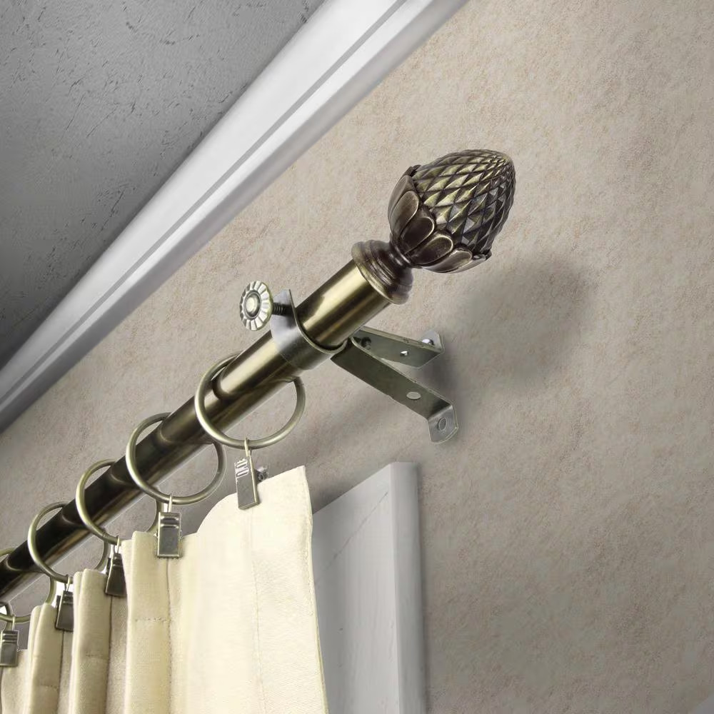66 In. – 120 In. Telescoping Single Curtain Rod Kit in Antique Brass with Acorn