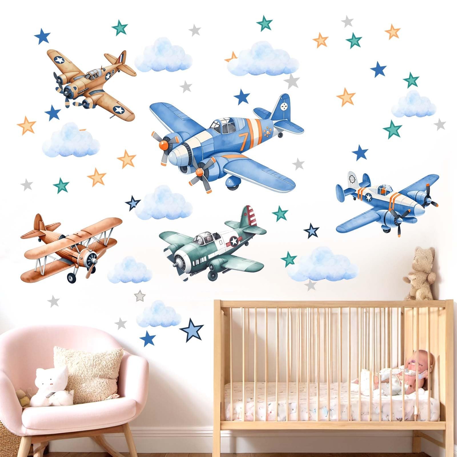 Airplane Wall Stickers for Boys Kids: Peel and Stick Cloud Vintage