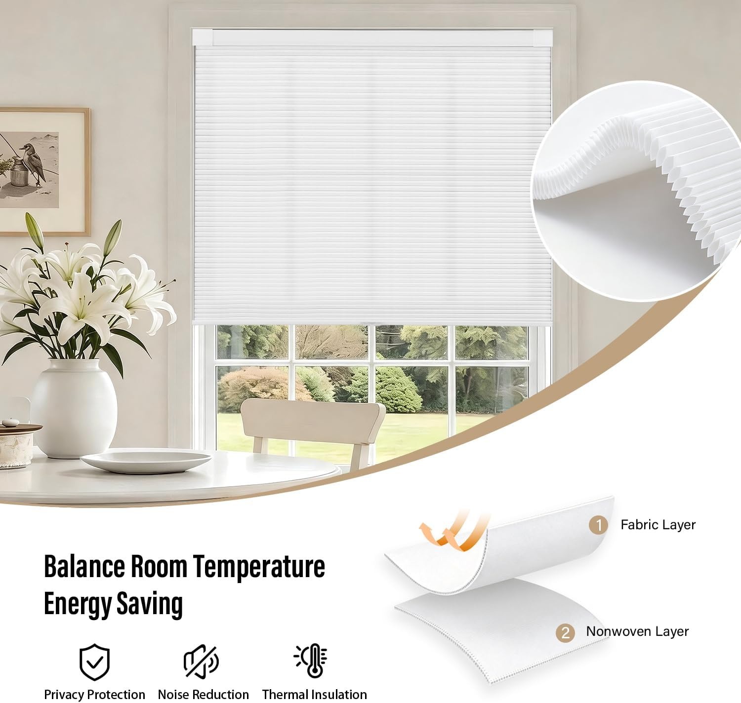 No Tools No Drill Cordless Cellular Shades Blinds for Indoor Windows, Light Filt