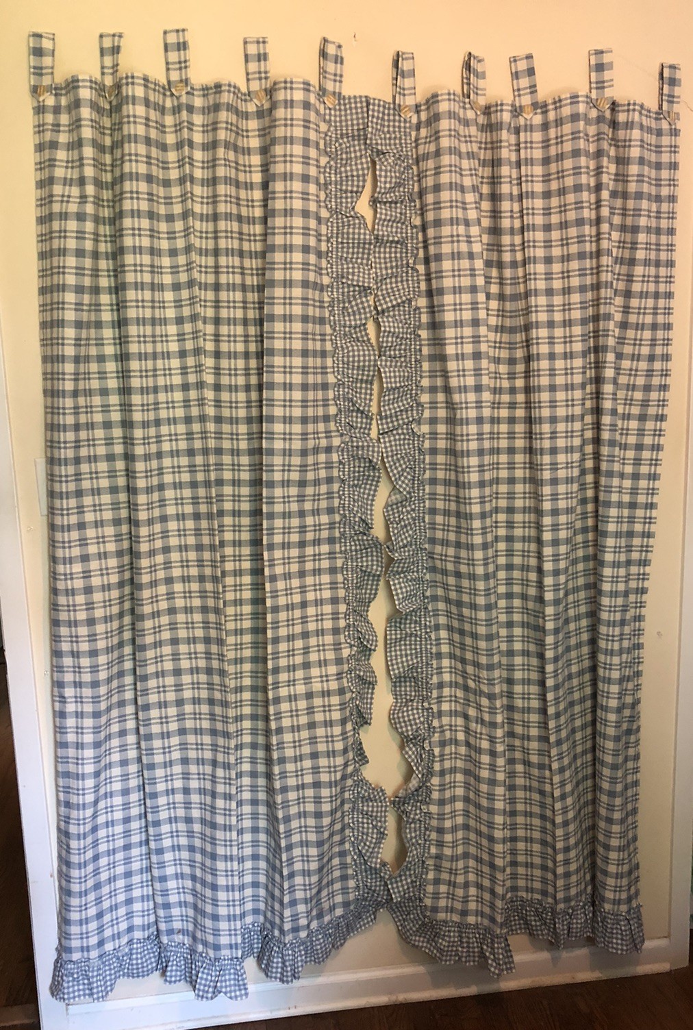 Cottagecore Set Of Curtains Blue White Plaid Ruffled Tab Top Each 80”L x 46”W