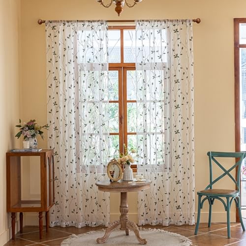 2 Panels Embroidered Leaf Pattern 53″W x 84″L (Pack of 2) White Sage Green