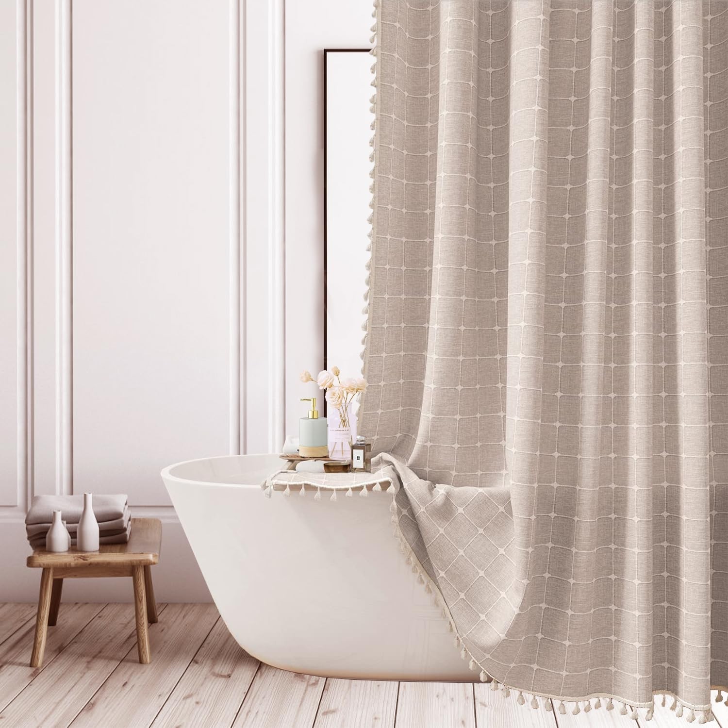Farmhouse Brown Shower Curtain – Boho Modern Linen Fabric Shower Curtains for…