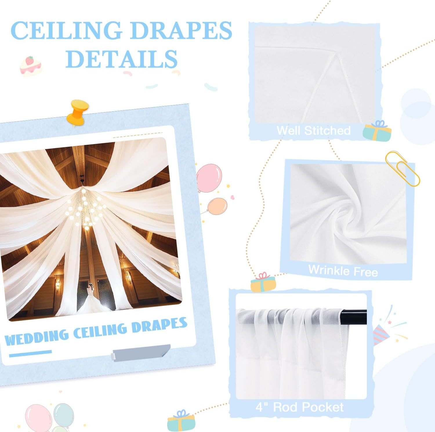 White Chiffon Ceiling Drapes with Hanging Kit for Weddings & Events – 6 Pack