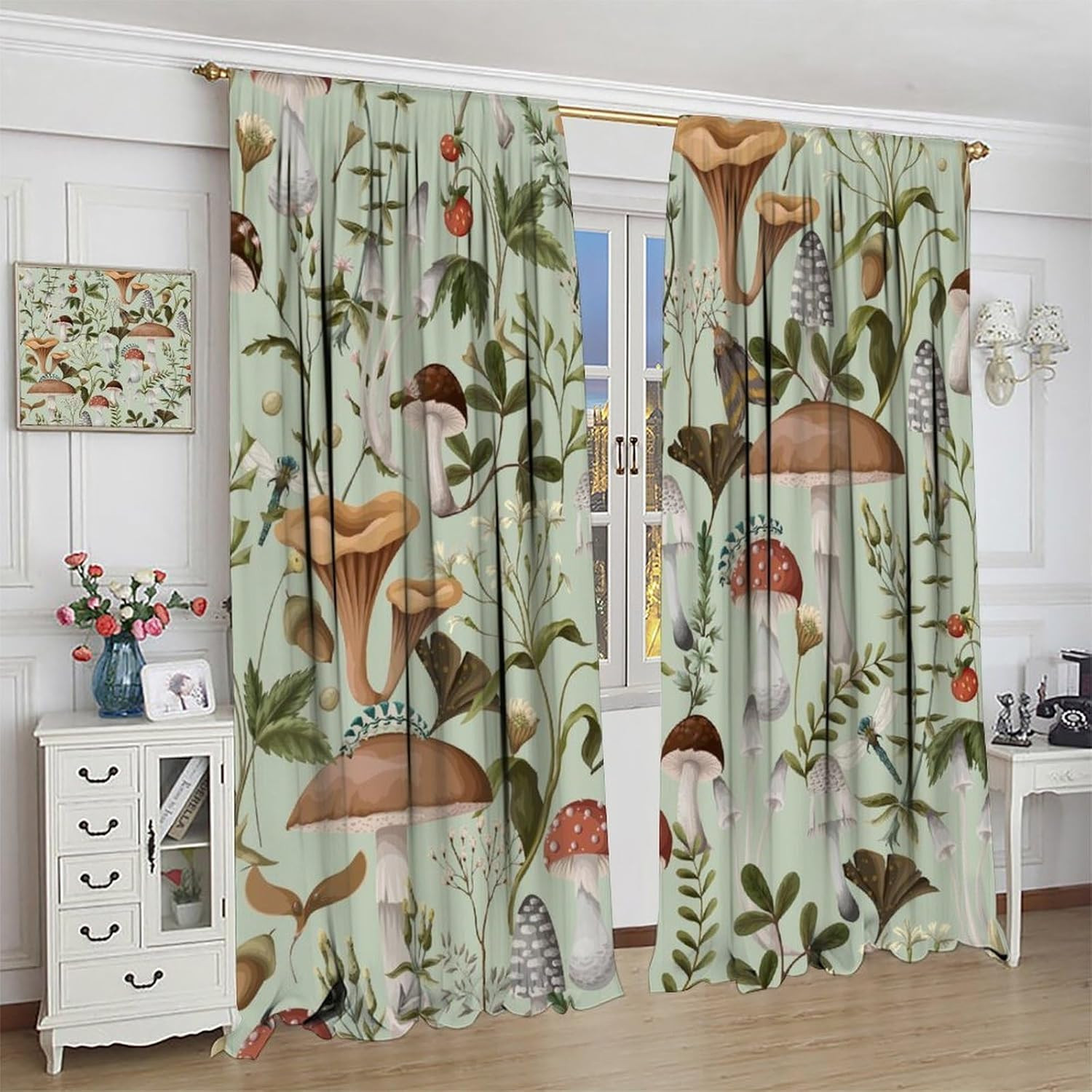 Mushroom Leaf Window Curtains, Nature Green Plant Retro Cartoon Pattern Printed