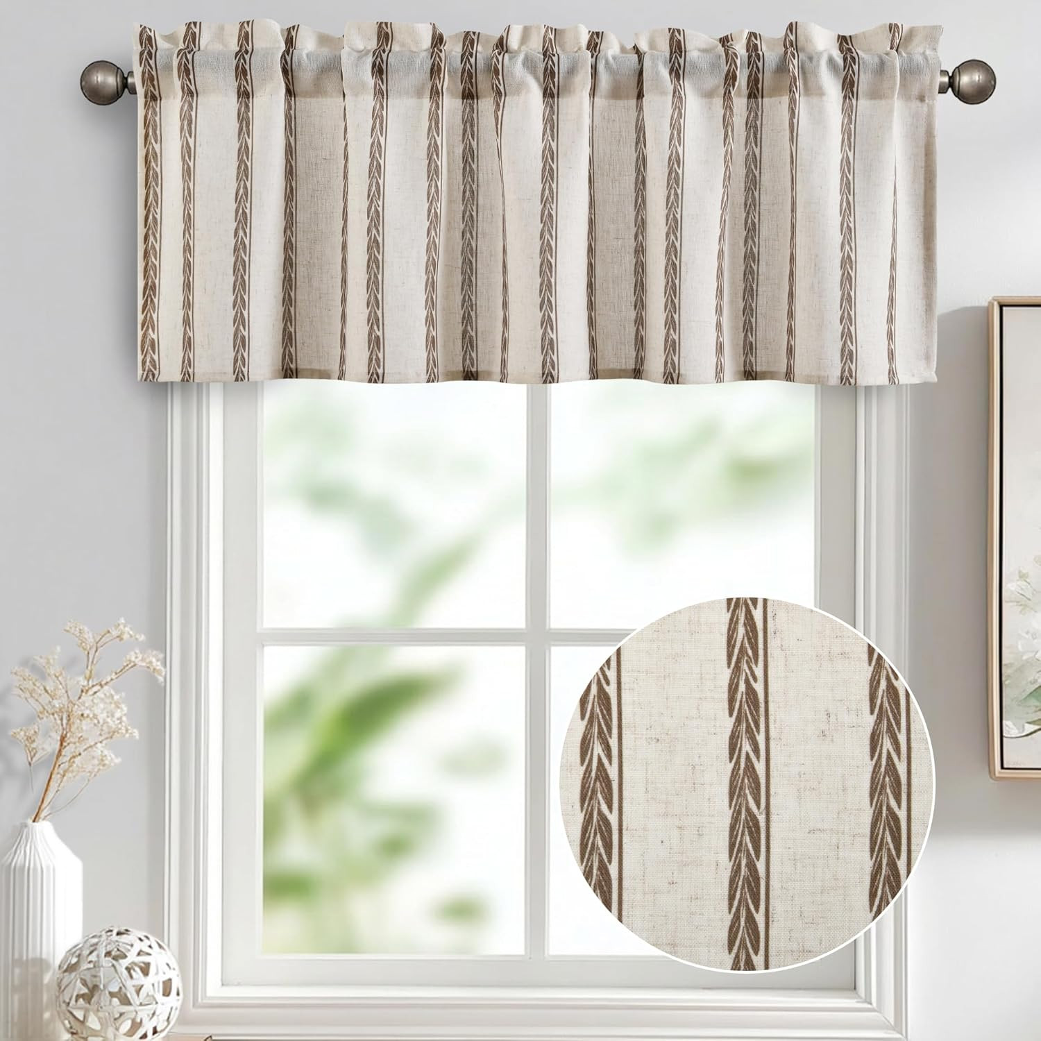 52X18 Inch Kitchen Valance – Thick Textured Linen Striped Window Valance Curtain