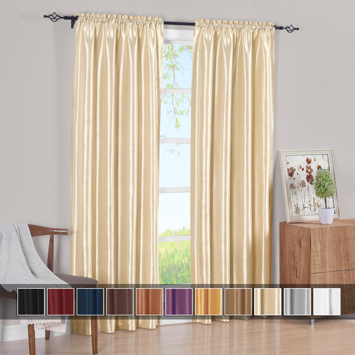 Pair Curtain Panels Elegant Soho Faux Silk 100% Polyester (Set of 2)
