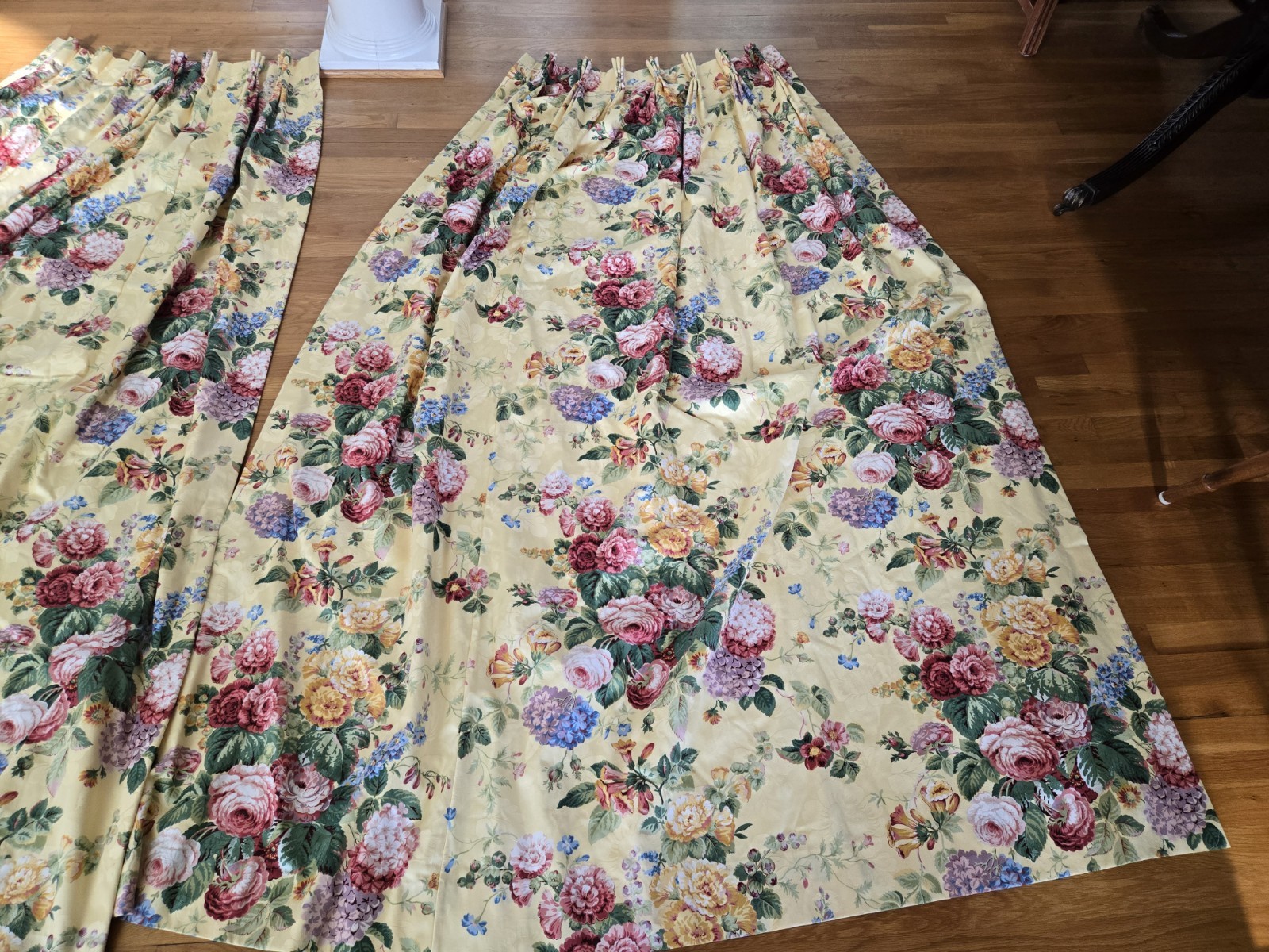 2 Custom English Country Cottage Rose Yellow Multi Pinch Pleat Drapes W30xL86