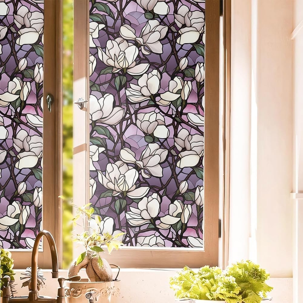 4x Purple Magnolia Stained Glass Window Film Static Cling Privacy Decorative