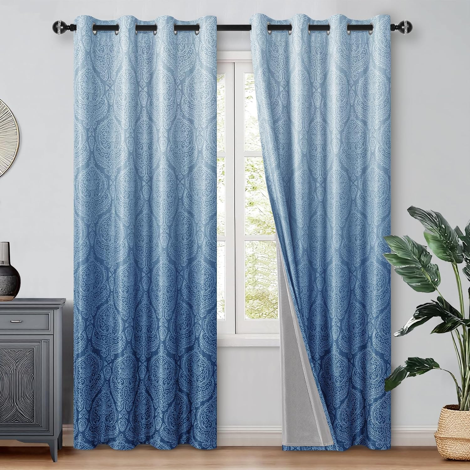 Navy Blue 100% Blackout Curtains 96″ Ombre Thermal Insulated Grommet Drapes