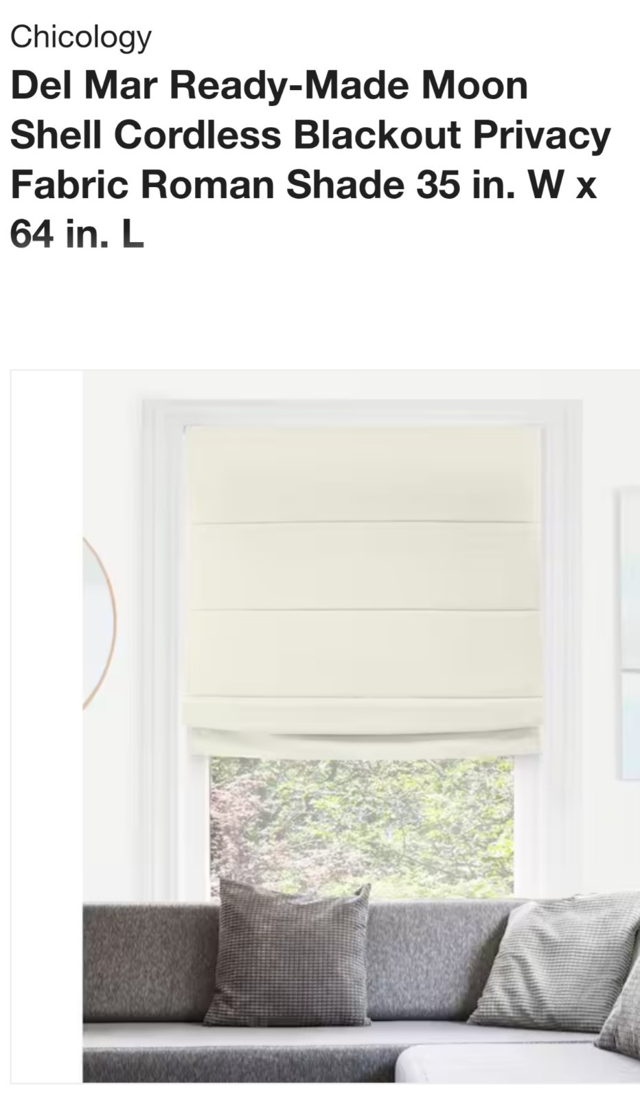 Chicology Del Mar Ready-Made Moon Shell Cordless Roman shade blackout 35 x 64