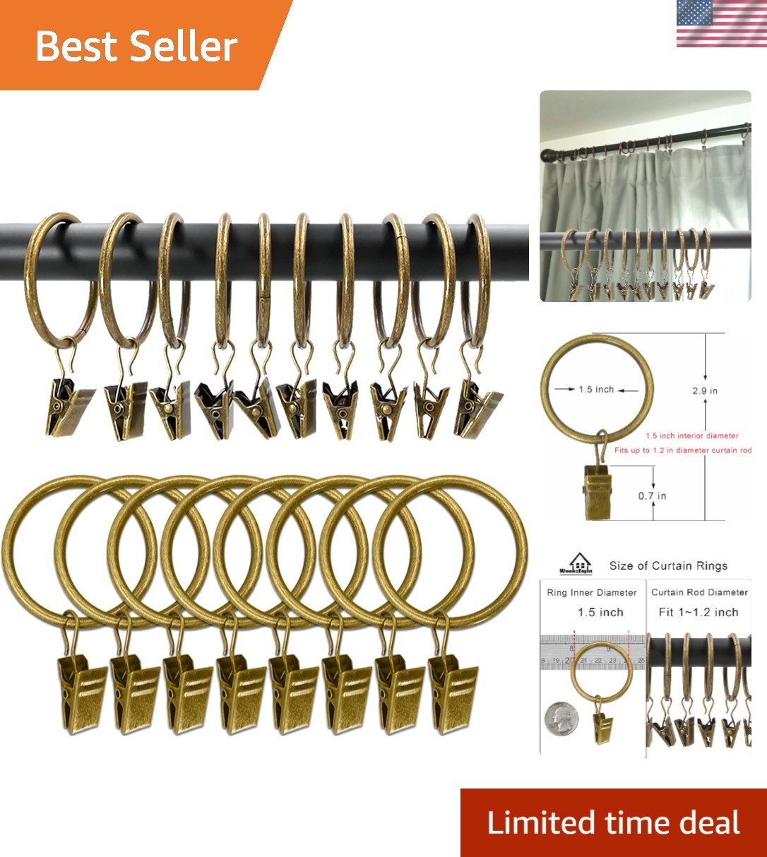 Durable 100 Pack Bronze Drapery Clip Rings – Supports Heavy Curtains, 1.5 in ID