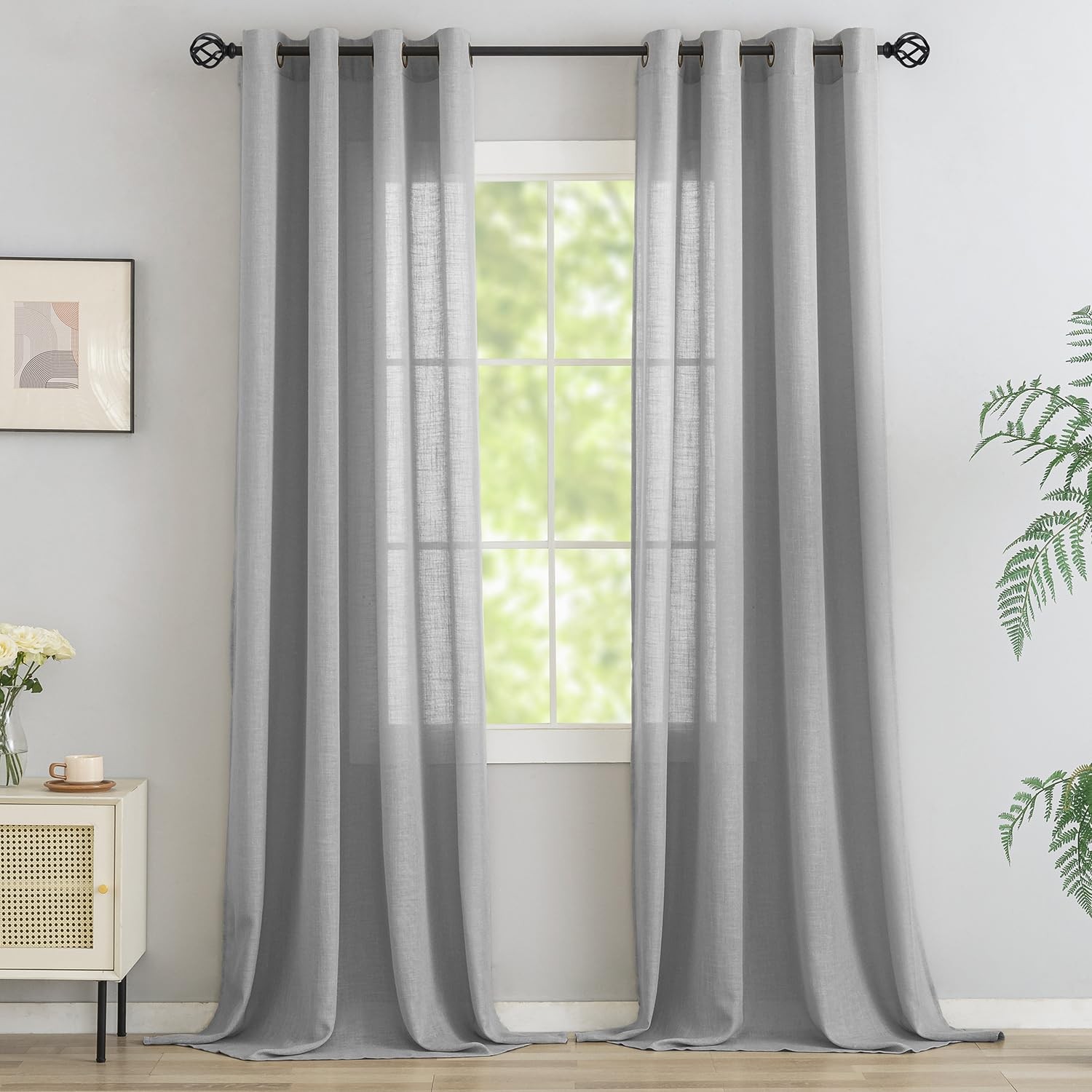 Voilybird Linen Gray Grommet Curtains 108 Inches Long For Living Room Boho Semi