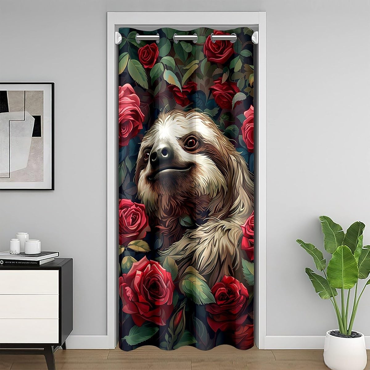Cute Sloth Door Curtain Red Rose Floral Darkening Blackout Curtain Jungle Lea…