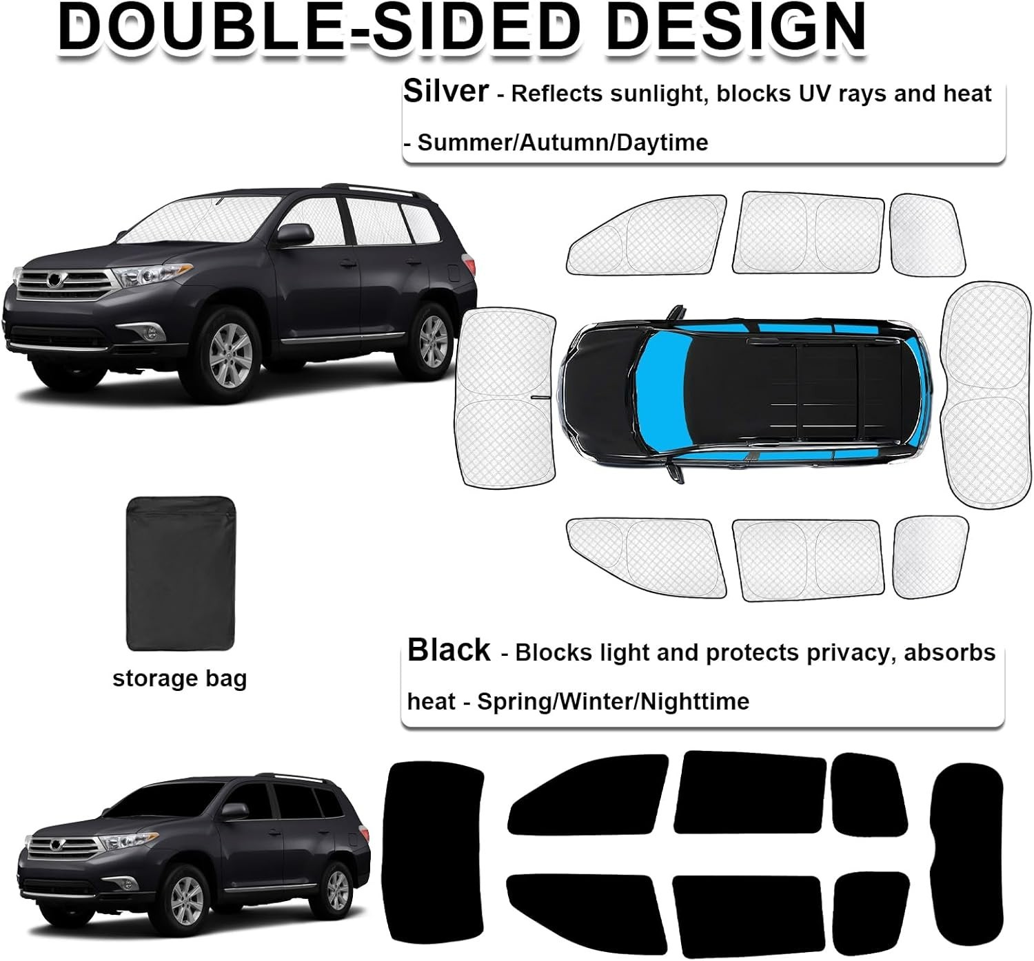 KMF 8pcs Thicken Car Sun Shades for Toyota Highlander 2008-2013 Accessories