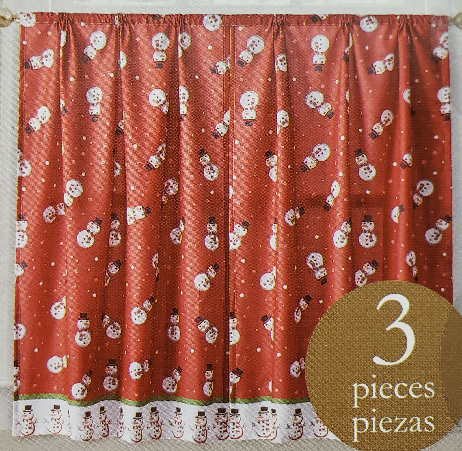 3pc Curtains Printed Set: 2 Tiers (28″)& Valance (56″x14″)SNOWMEN ON RED,Holiday