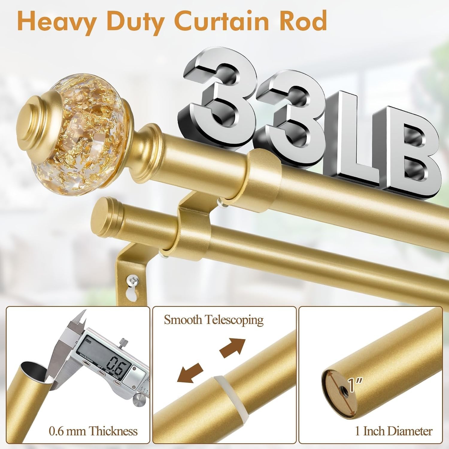 Luxury Gold Double Curtain Rods 36-72” with Crystal Finials, Eco-Friendly Design