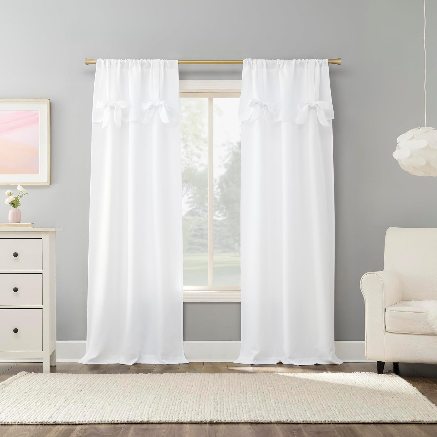 Emma Generation Bow Valance Semi-Sheer Rod Pocket Curtain Panel, 40″ X 63″, Whit
