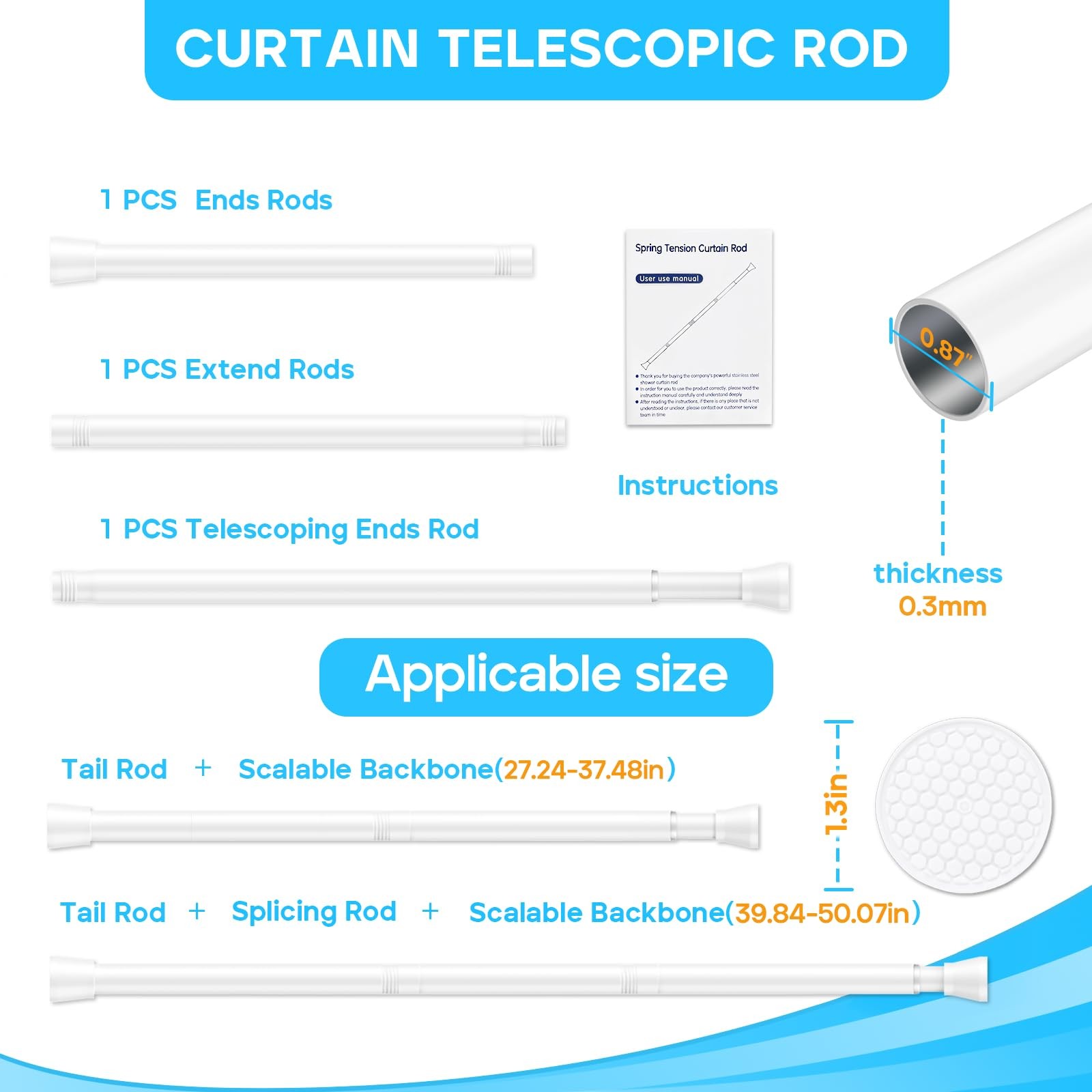 White Tension Curtain Rod for Windows 28 to 48 inch, 28-48 inches, White-1P