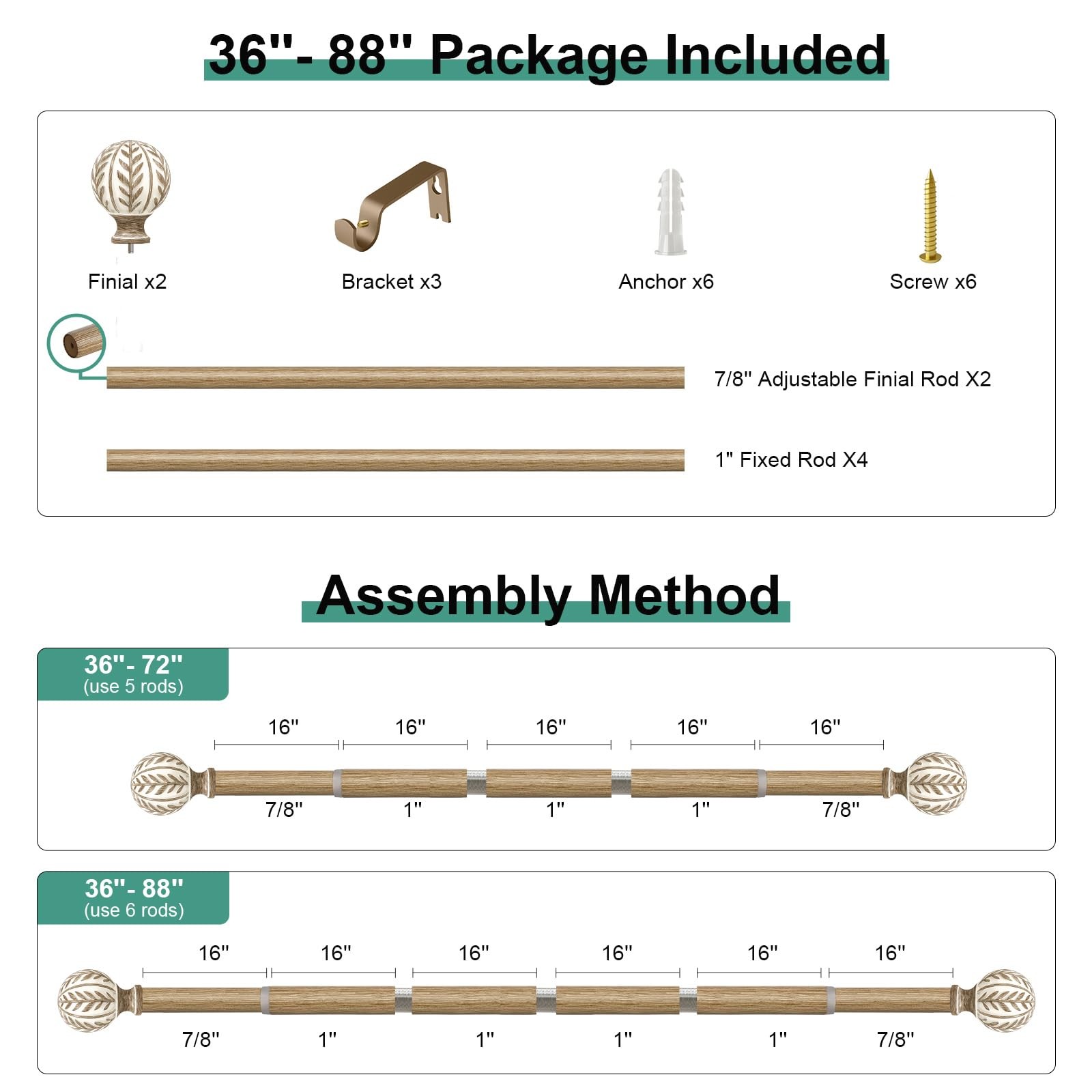 Boho Wood Curtain Rods for Windows 48 to 84 inch,1″ Adjustable Heavy Duty Win…