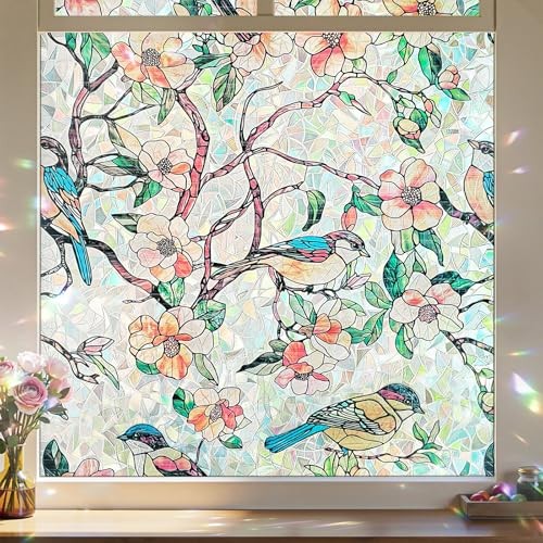 Window Privacy Film, Stained Glass 17.5″ x 78.7″ Blooms & Birds Paradise