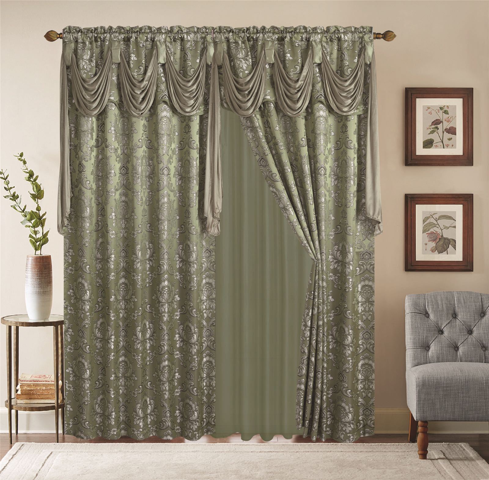 Window Curtains 2 Panel Set Luxury Red Burgundy With Valance and Sheer