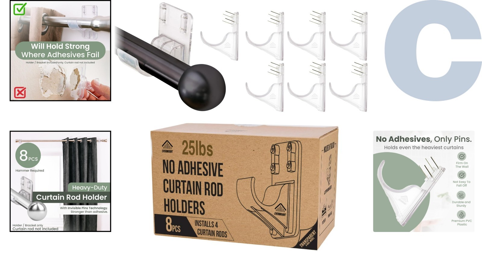 Minimalist Curtain Rod Brackets – 5X Stronger Support, 8 Pack with Pin Guide