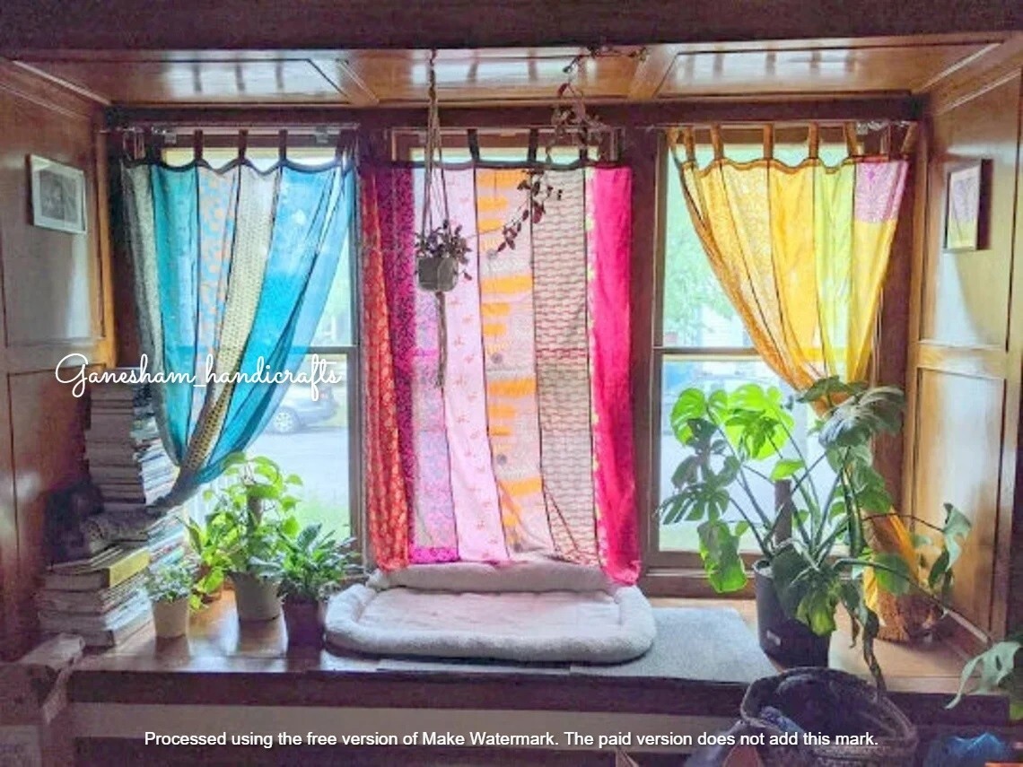 2 Pc Indian Sari Patchwork Curtain Drape Window Decor Pink Silk Sari Curtain