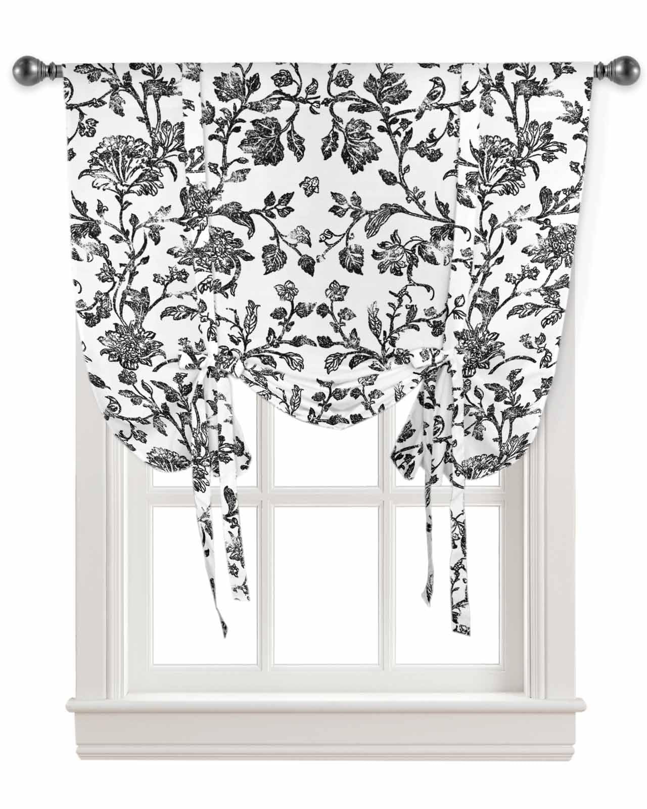 Black Flower Tie Up Curtains for Kitchen Bedroom Living Room Windows, Vintage…