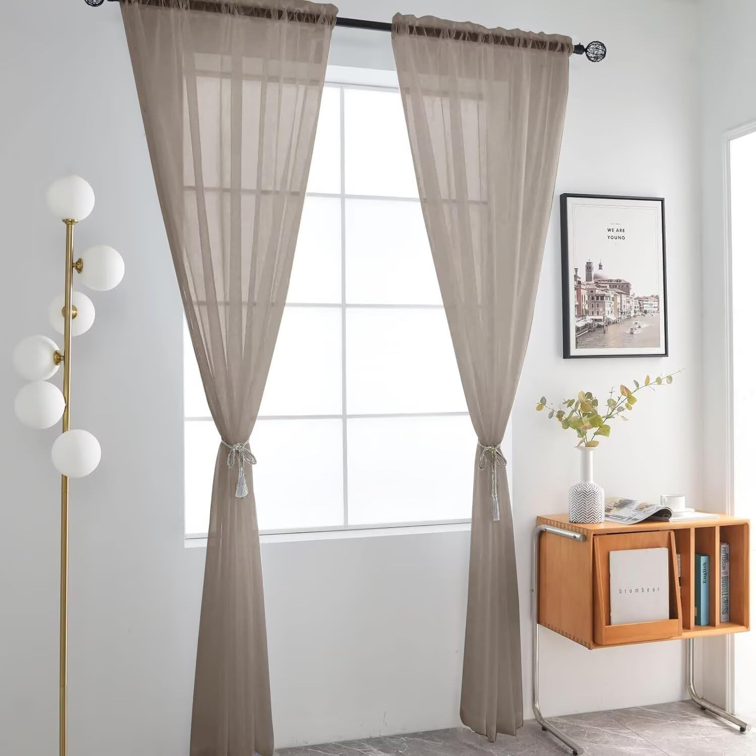 Basic Rod Pocket Sheer Voile Window Curtain Panels Taupe 1 Pair 2 Panels 52 Widt